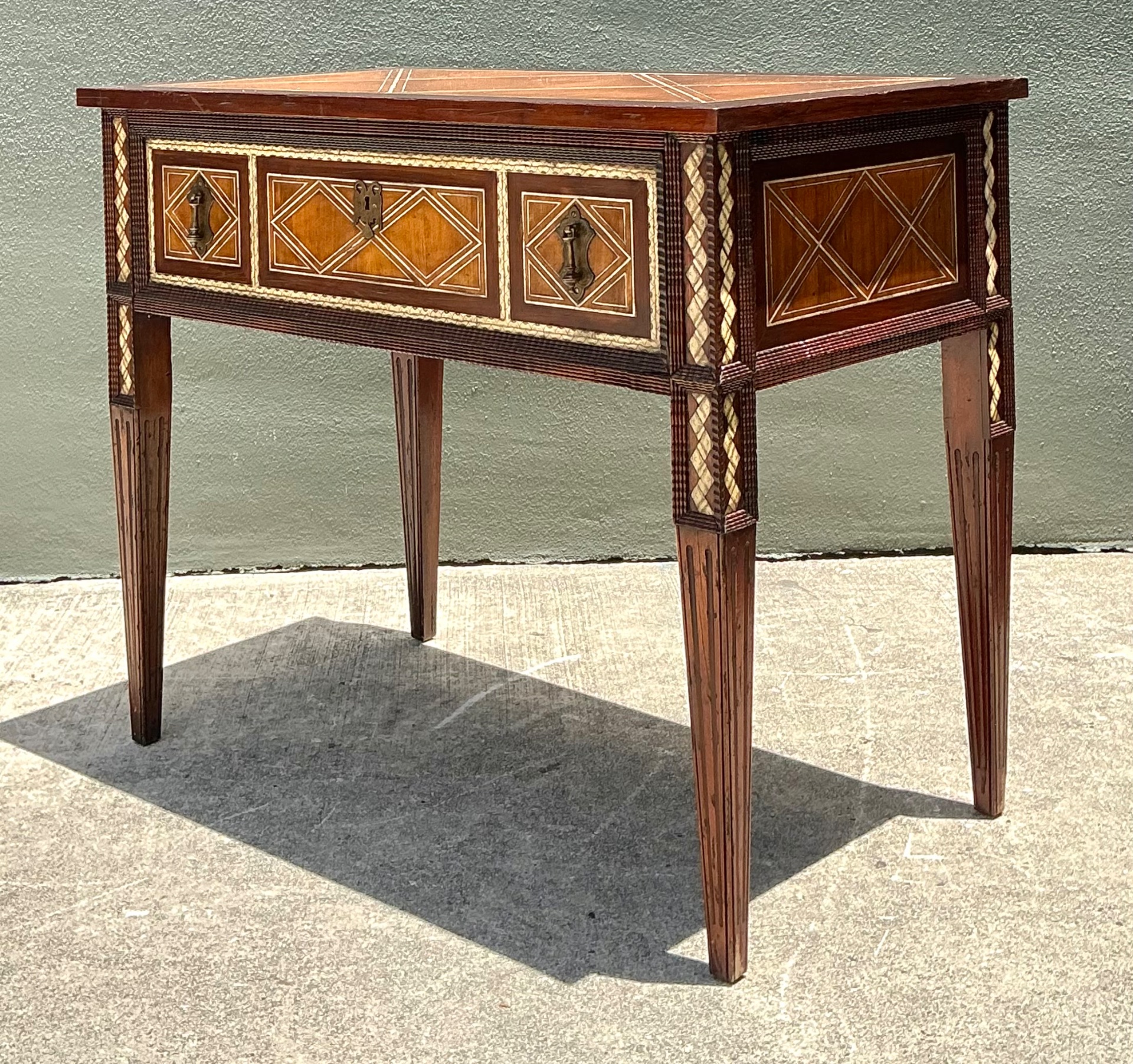 Vintage Alphonse Marina Carved Wood Console Table with Bone Inlay - Detail view