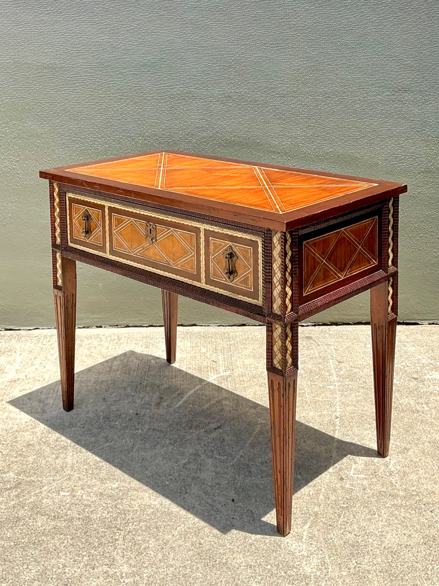 Vintage Alphonse Marina Carved Wood Console Table with Bone Inlay - Side view