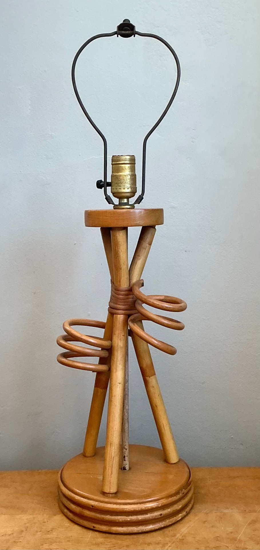 Vintage Rattan Loop Wood Lamp - Side view