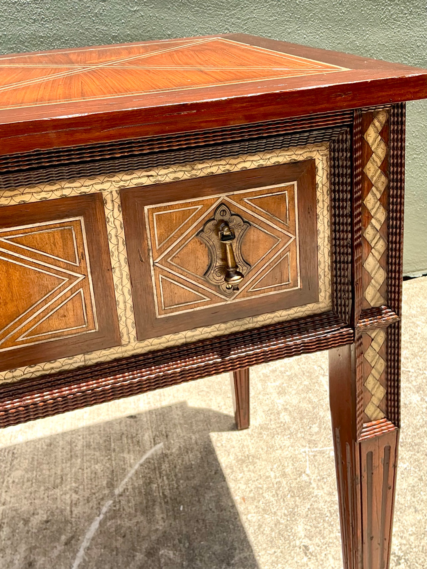 Vintage Alphonse Marina Carved Wood Console Table with Bone Inlay - Top view