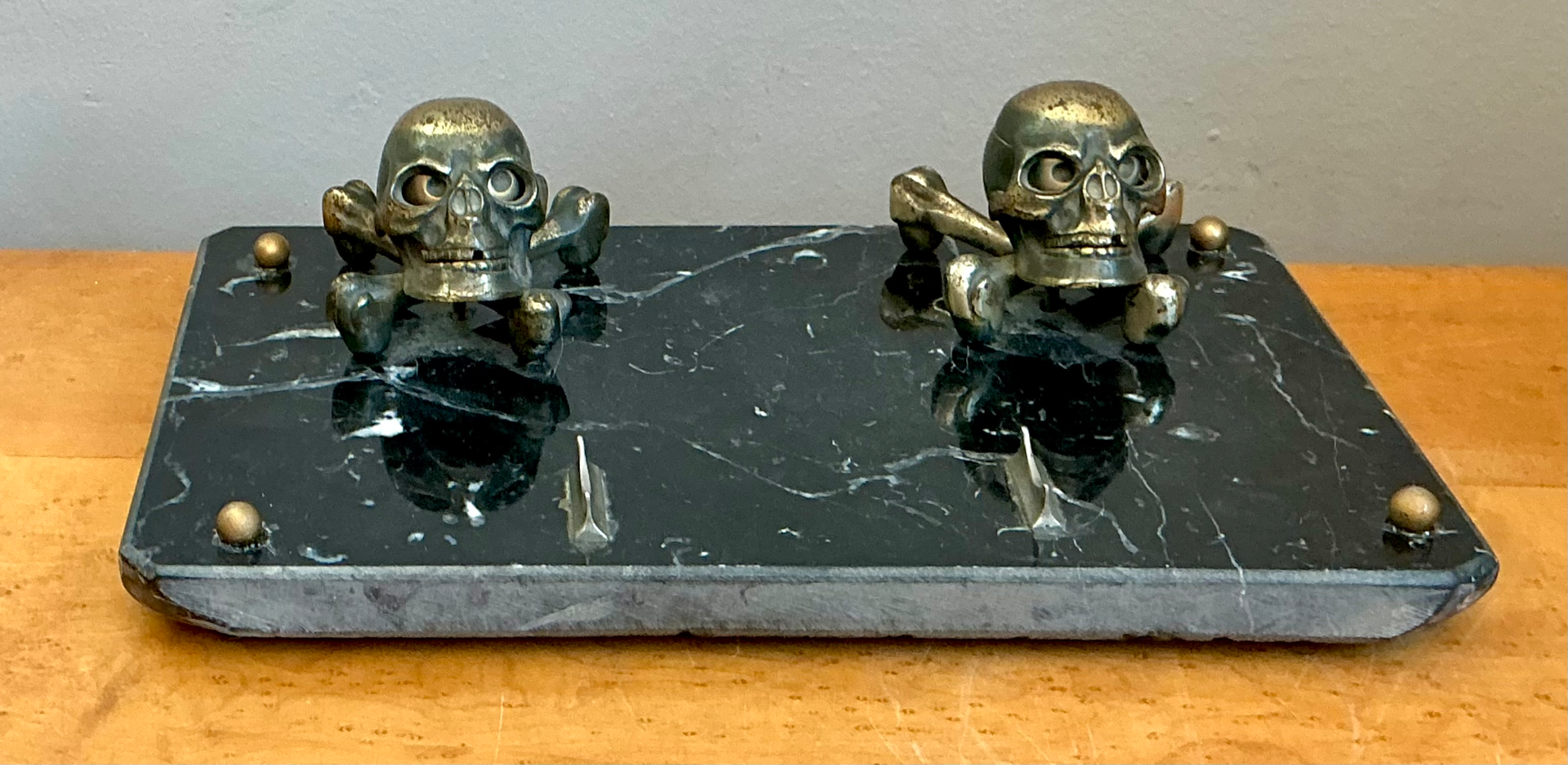 Vintage Brass Skull and Crossbones Inkwell - Back view