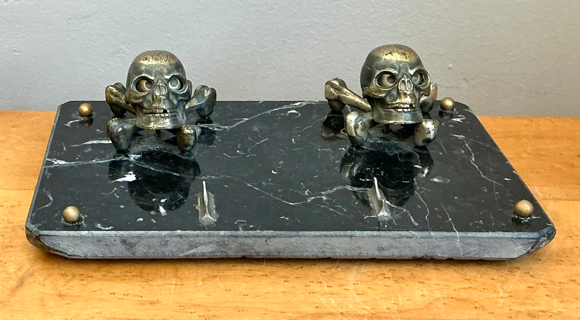 Vintage Brass Skull and Crossbones Inkwell - Detail view