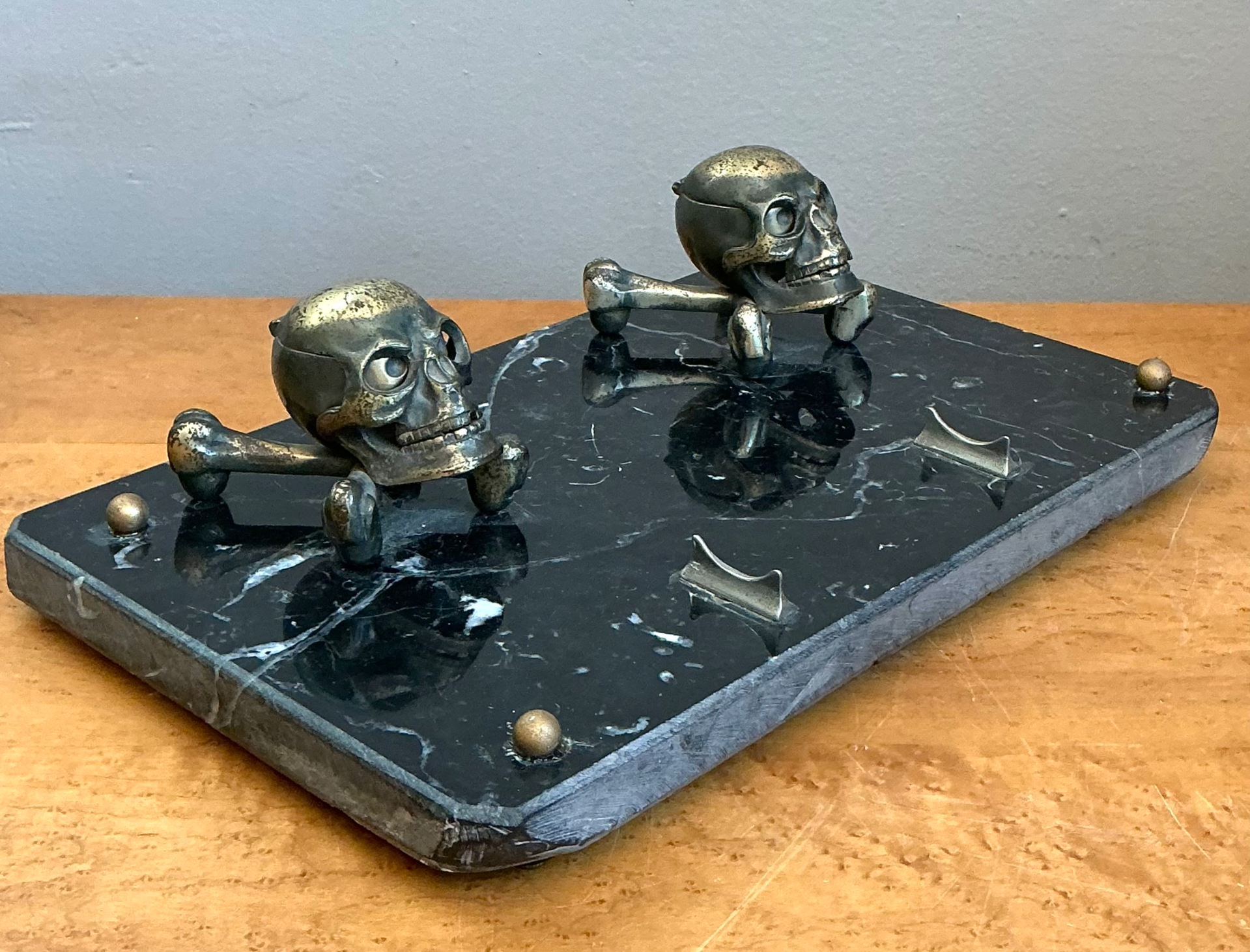Vintage Brass Skull and Crossbones Inkwell - Top view