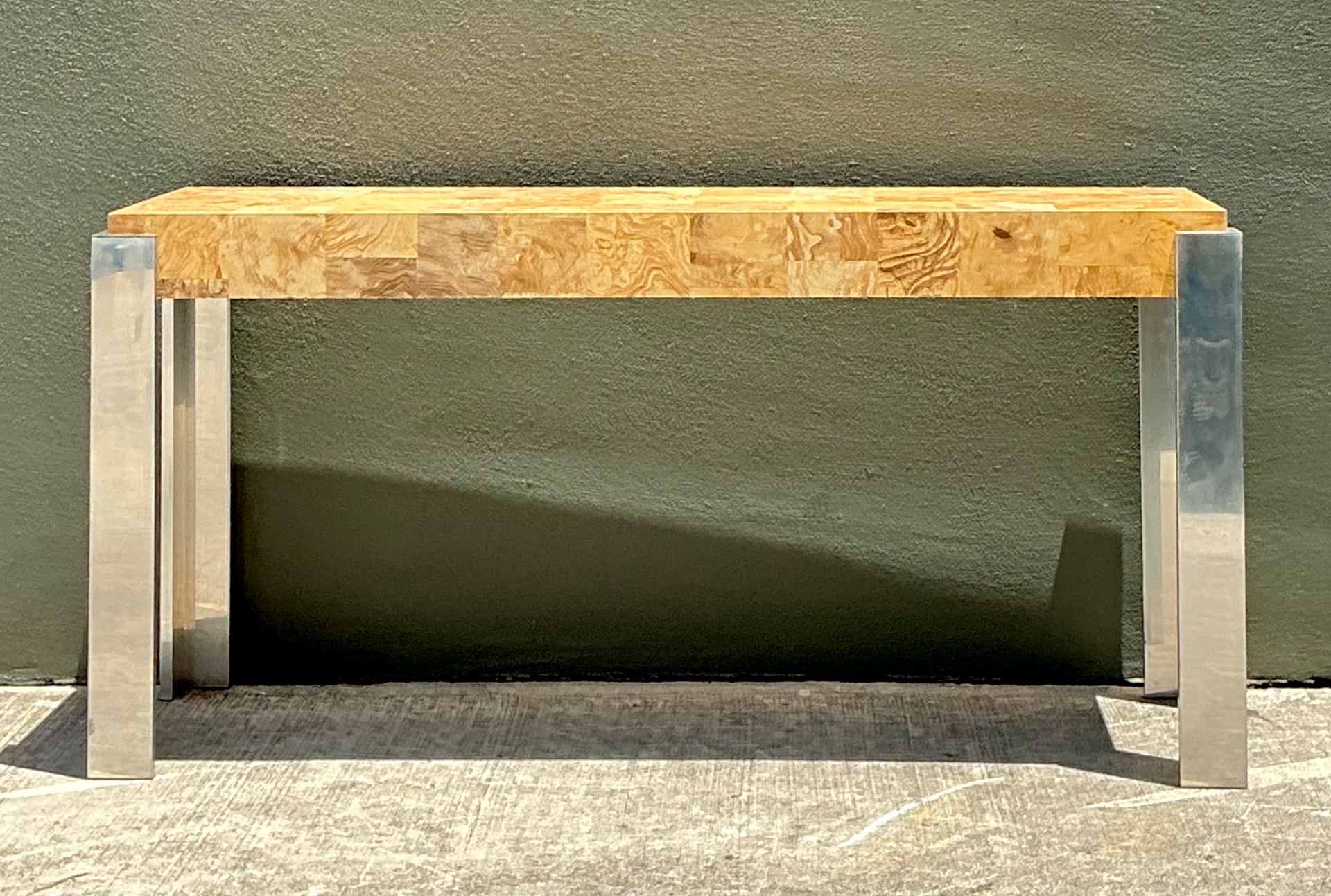 Vintage Laminate Burl Wood and Chrome Console Table - Side view