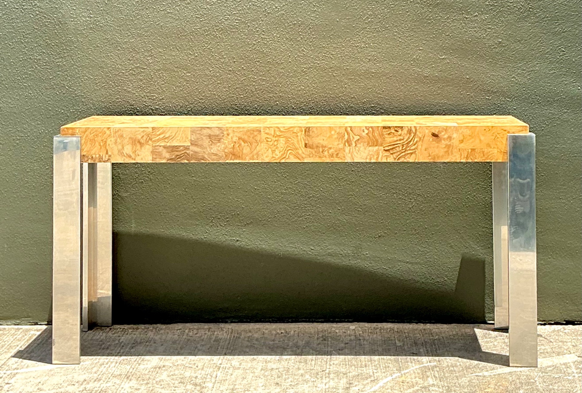 Vintage Laminate Burl Wood and Chrome Console Table - Top view