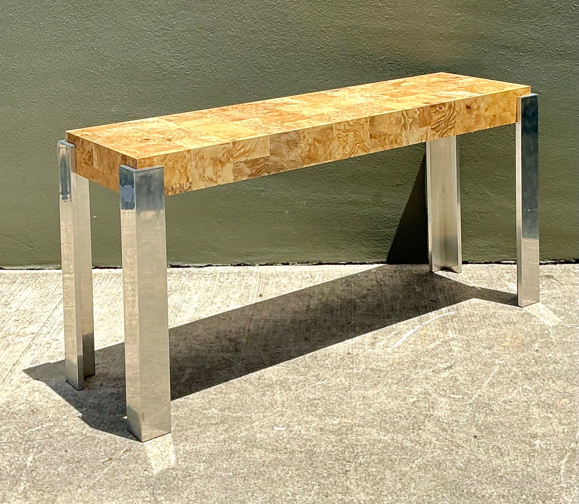 Vintage Laminate Burl Wood and Chrome Console Table - Back view