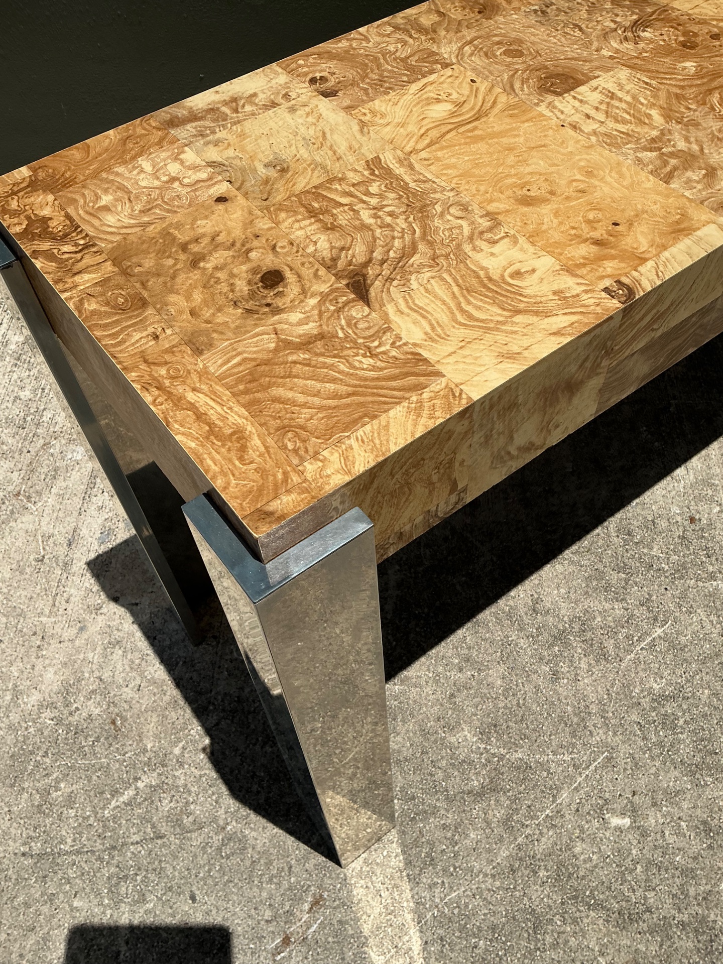 Vintage Laminate Burl Wood and Chrome Console Table - Detail view