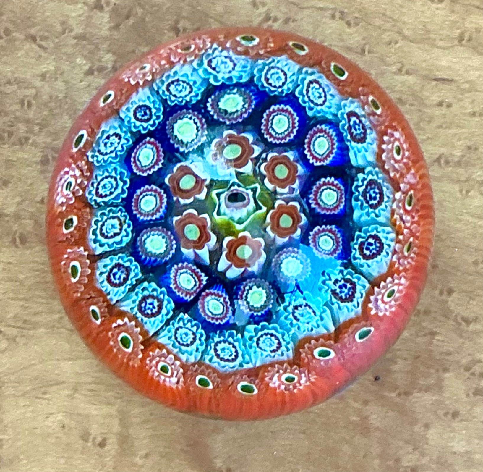 Vintage Italian Millefiori Art Glass Paperweight - Top view