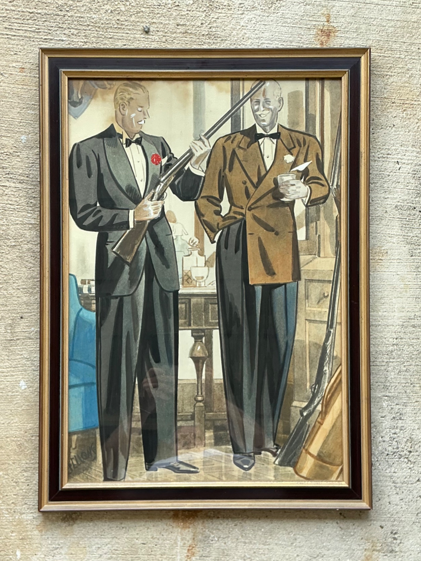 Vintage Framed Gentlemen's Club Illustration - Back view