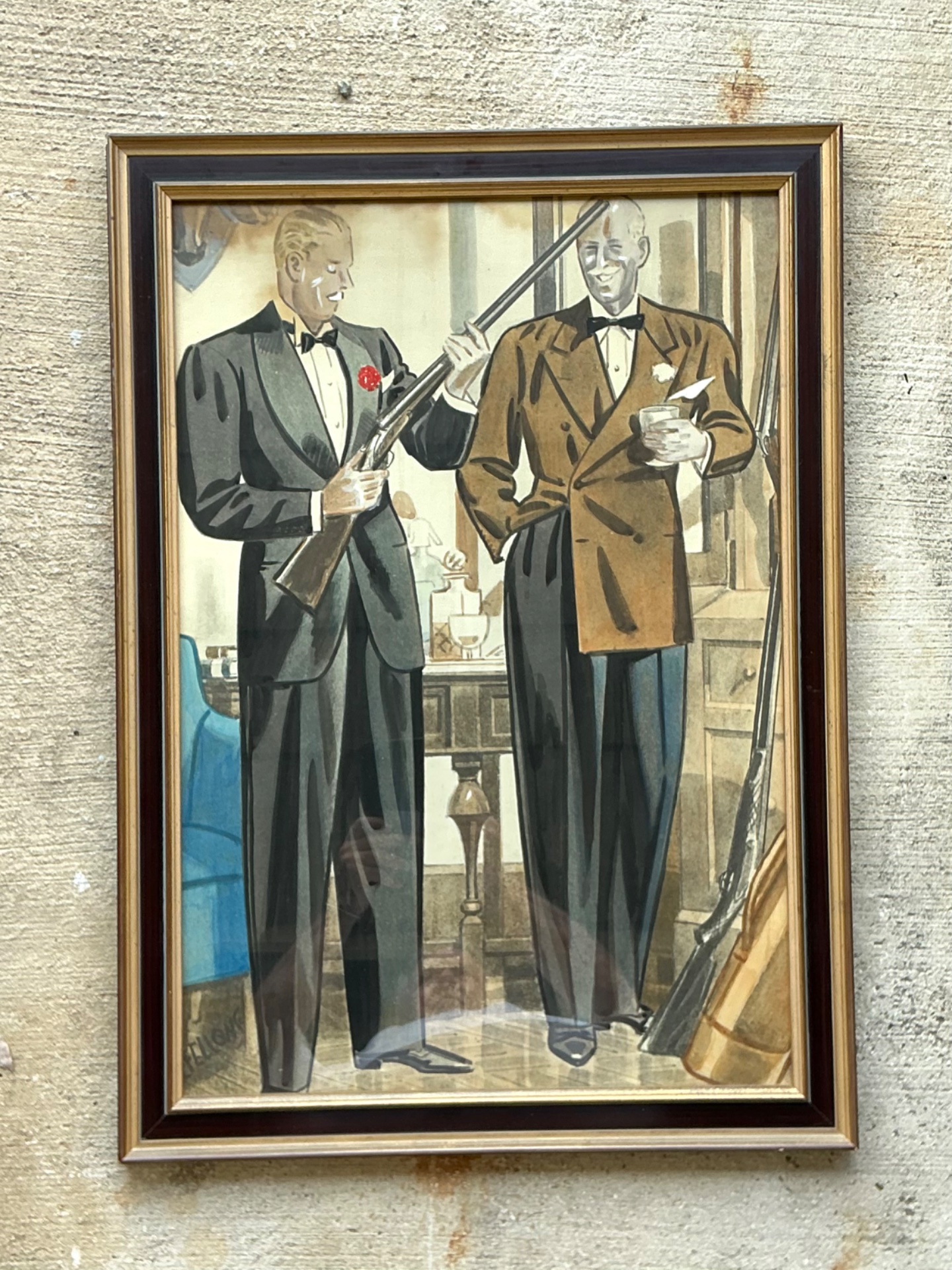 Vintage Framed Gentlemen's Club Illustration - Detail view