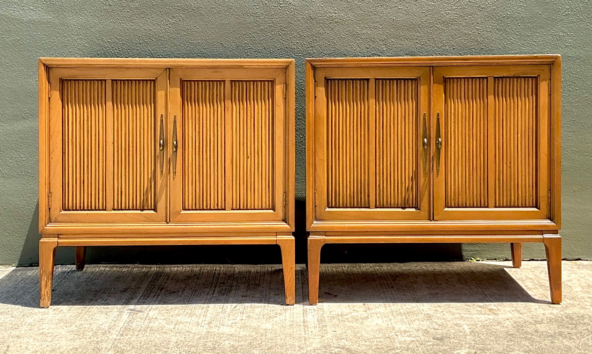 Vintage MCM Wood Cabinets with Grooved Doors - Pair - Side view