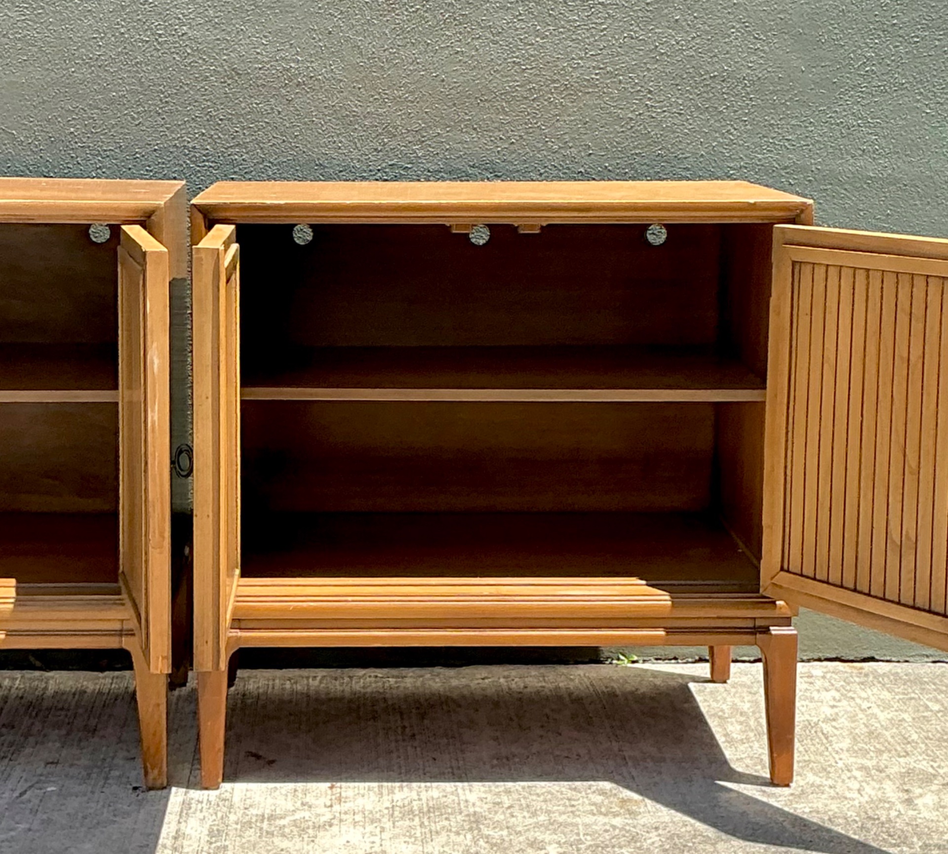 Vintage MCM Wood Cabinets with Grooved Doors - Pair - Side view