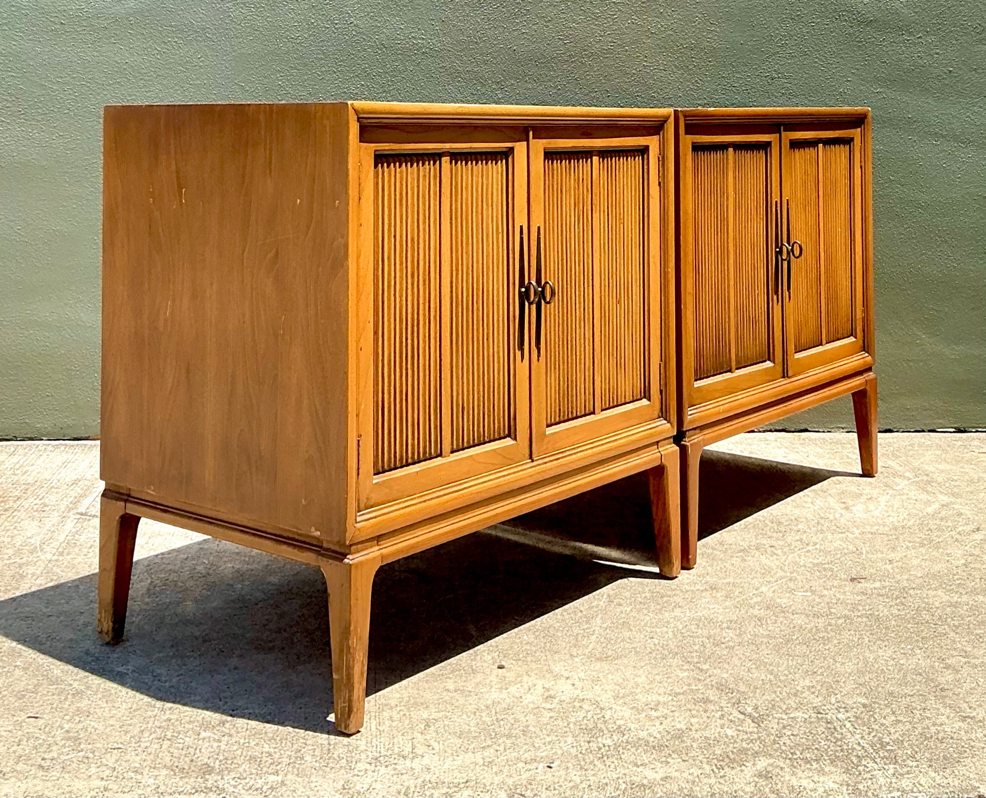 Vintage MCM Wood Cabinets with Grooved Doors - Pair - Back view