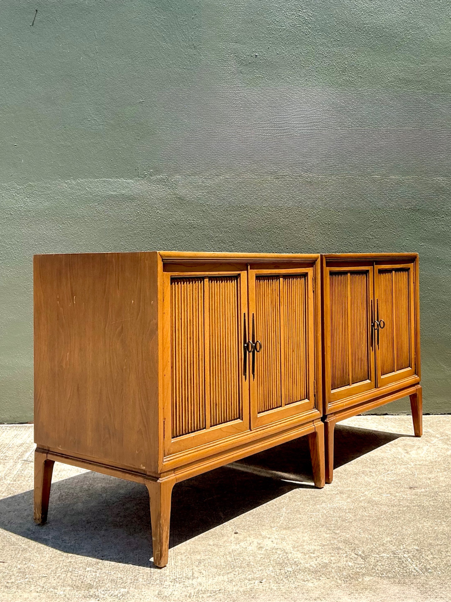 Vintage MCM Wood Cabinets with Grooved Doors - Pair - Top view