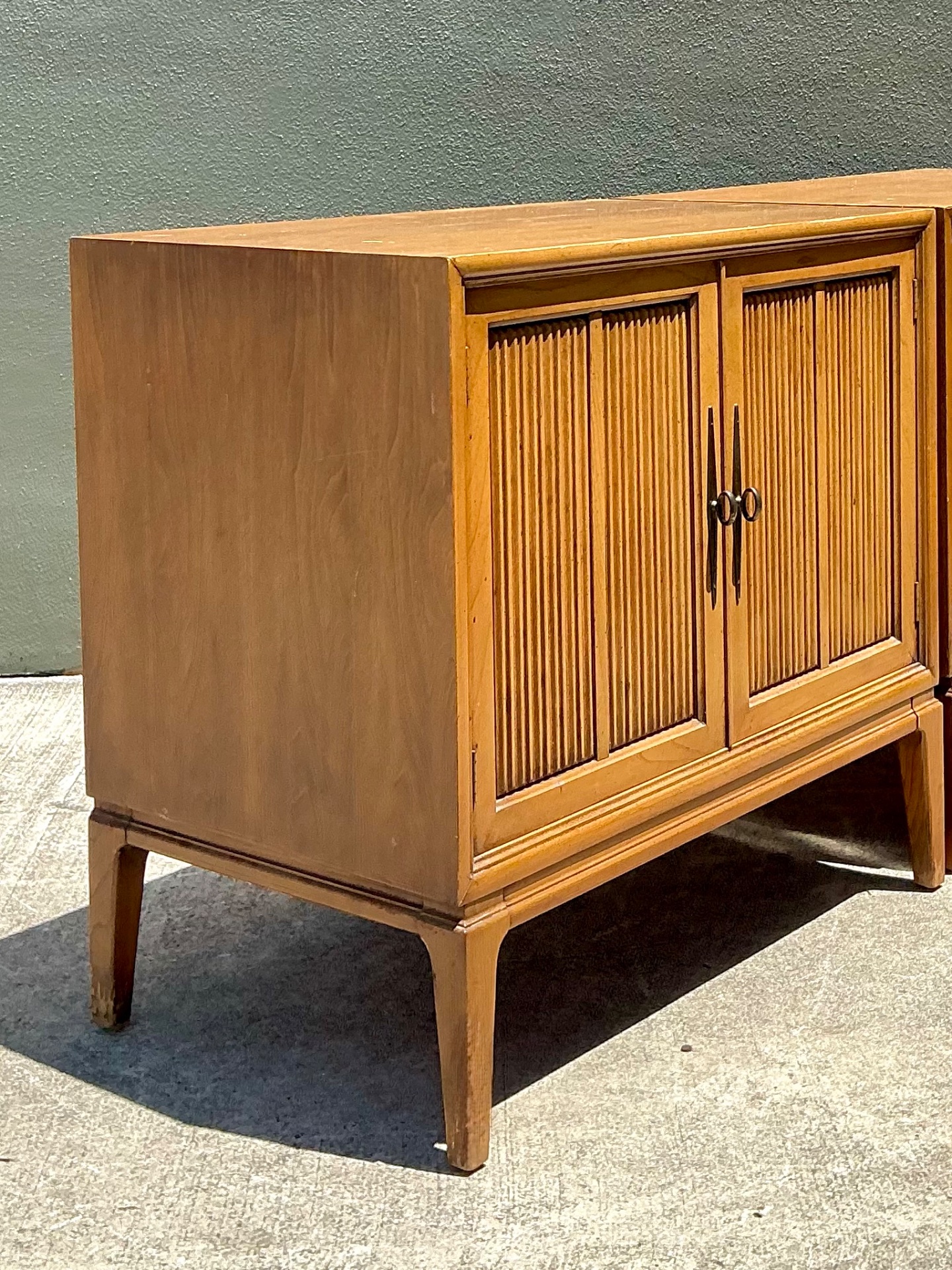 Vintage MCM Wood Cabinets with Grooved Doors - Pair - Detail view