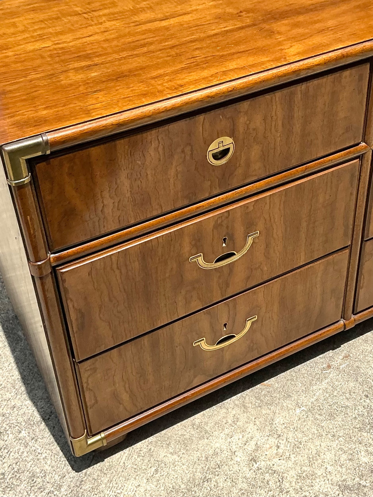 Vintage Drexel Wood and Brass Campaign Dresser - Detail view