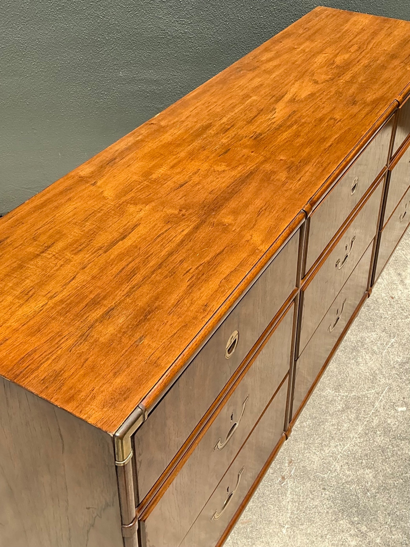 Vintage Drexel Wood and Brass Campaign Dresser - Top view