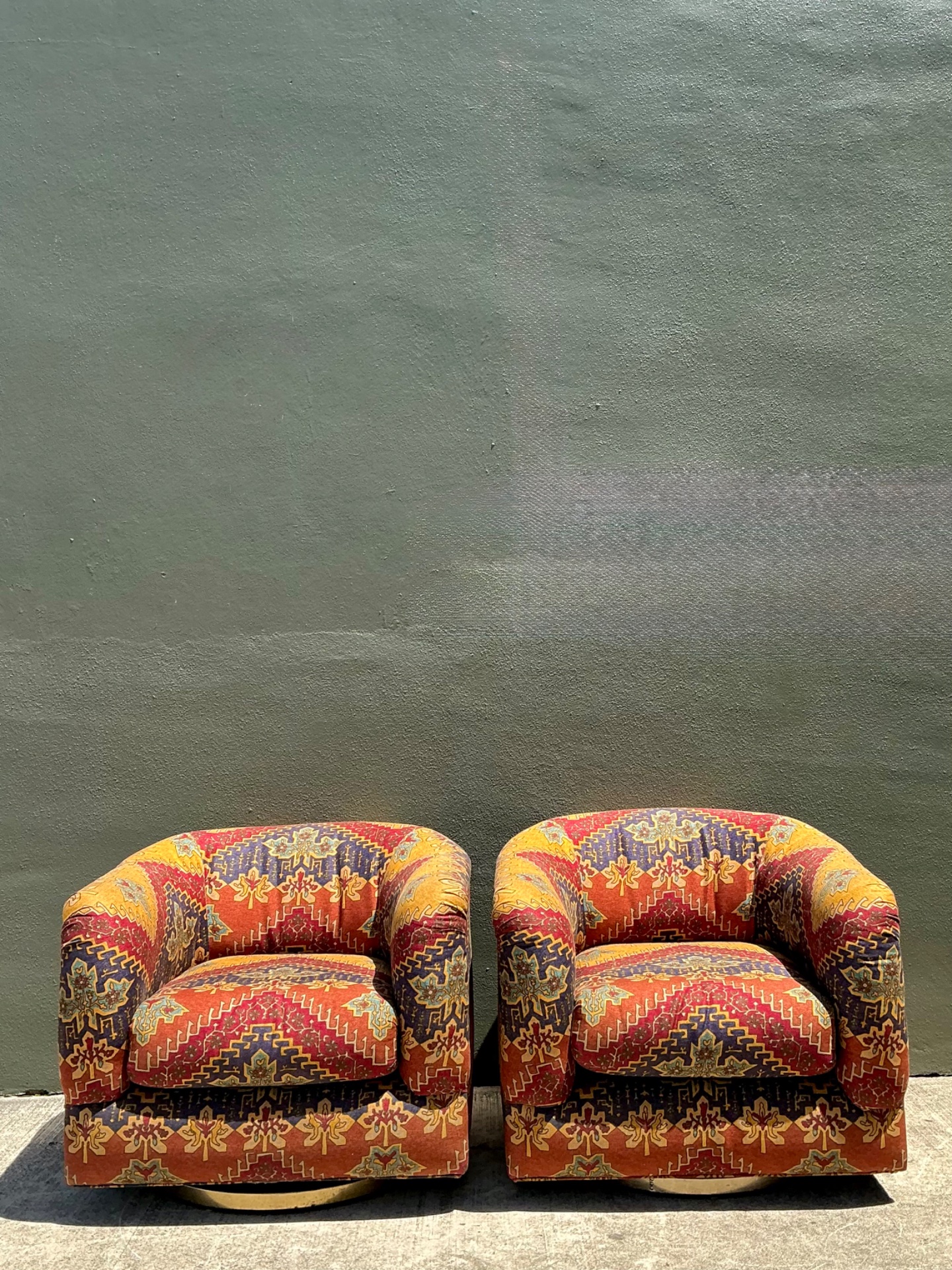 Vintage Printed Swivel Armchairs On Brass Plinths - A Pair - Top view