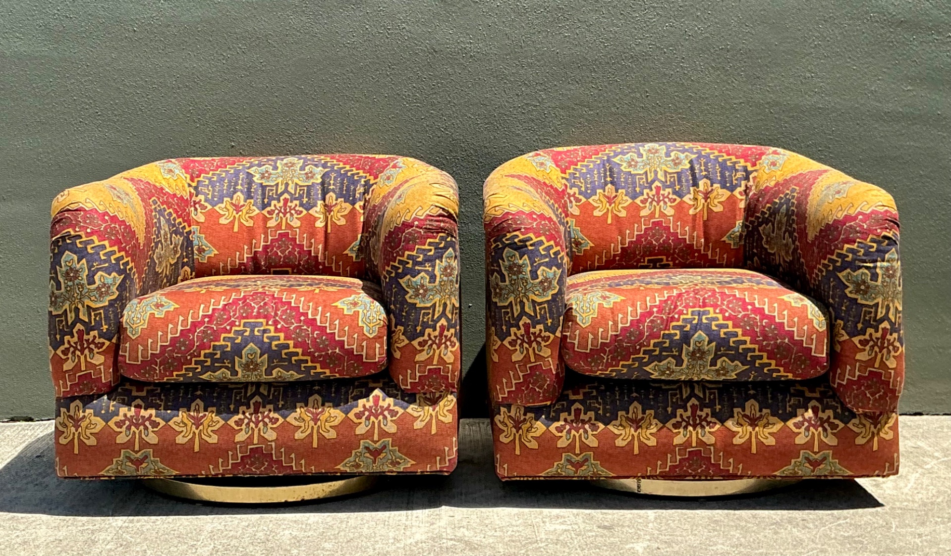 Vintage Printed Swivel Armchairs On Brass Plinths - A Pair - Side view