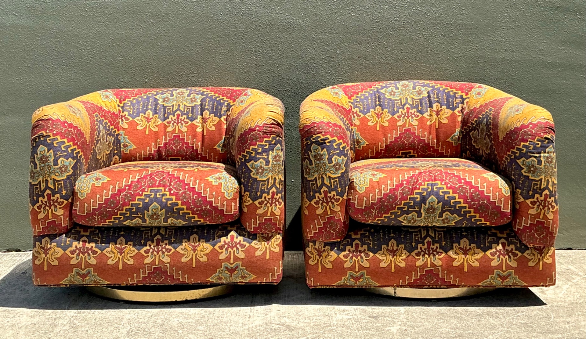 Vintage Printed Swivel Armchairs On Brass Plinths - A Pair - Side view