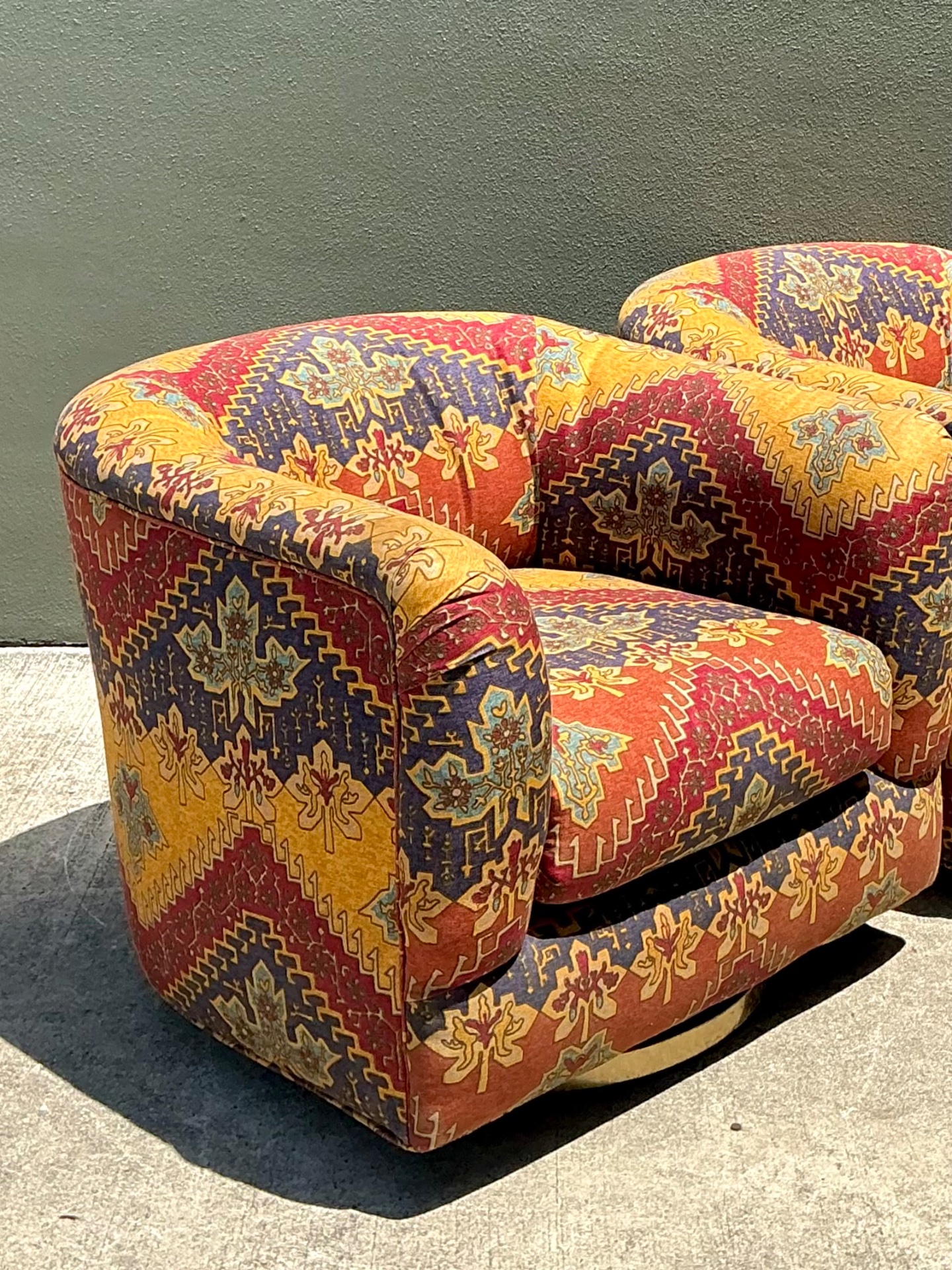Vintage Printed Swivel Armchairs On Brass Plinths - A Pair - Back view