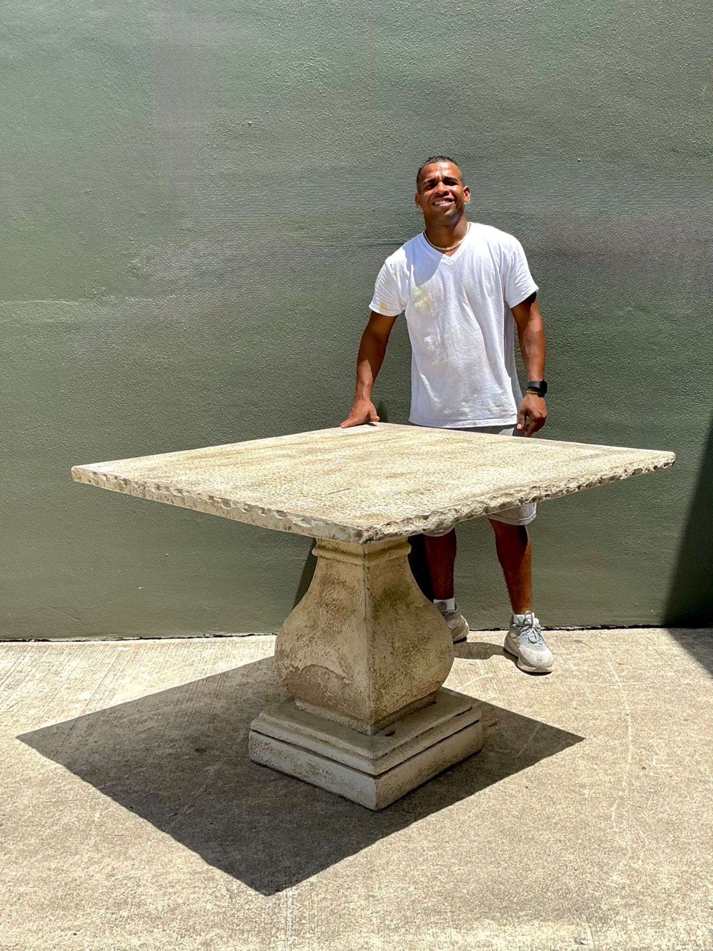 Vintage Square Stone Top Pedestal Dining Table - Top view