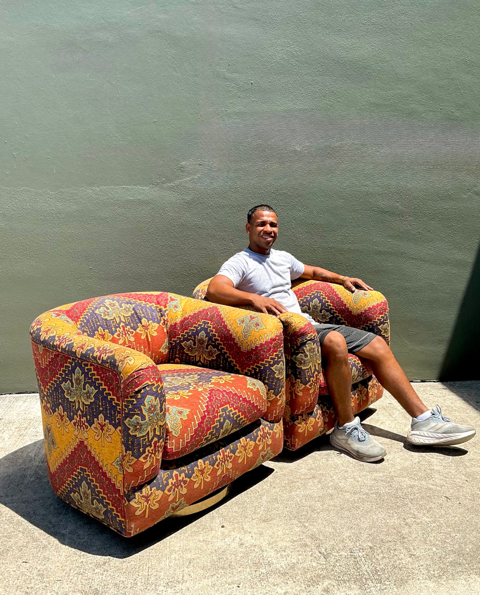 Vintage Printed Swivel Armchairs On Brass Plinths - A Pair - Top view