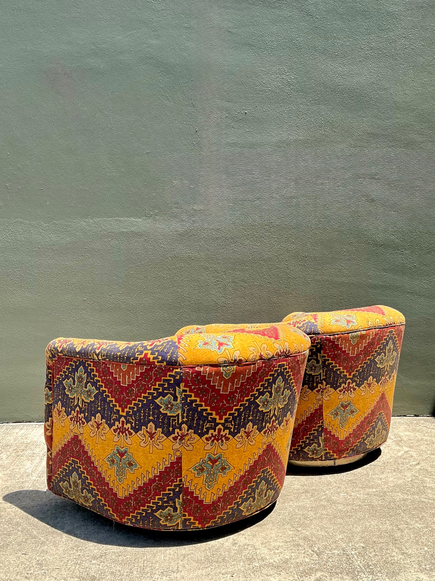 Vintage Printed Swivel Armchairs On Brass Plinths - A Pair - Detail view