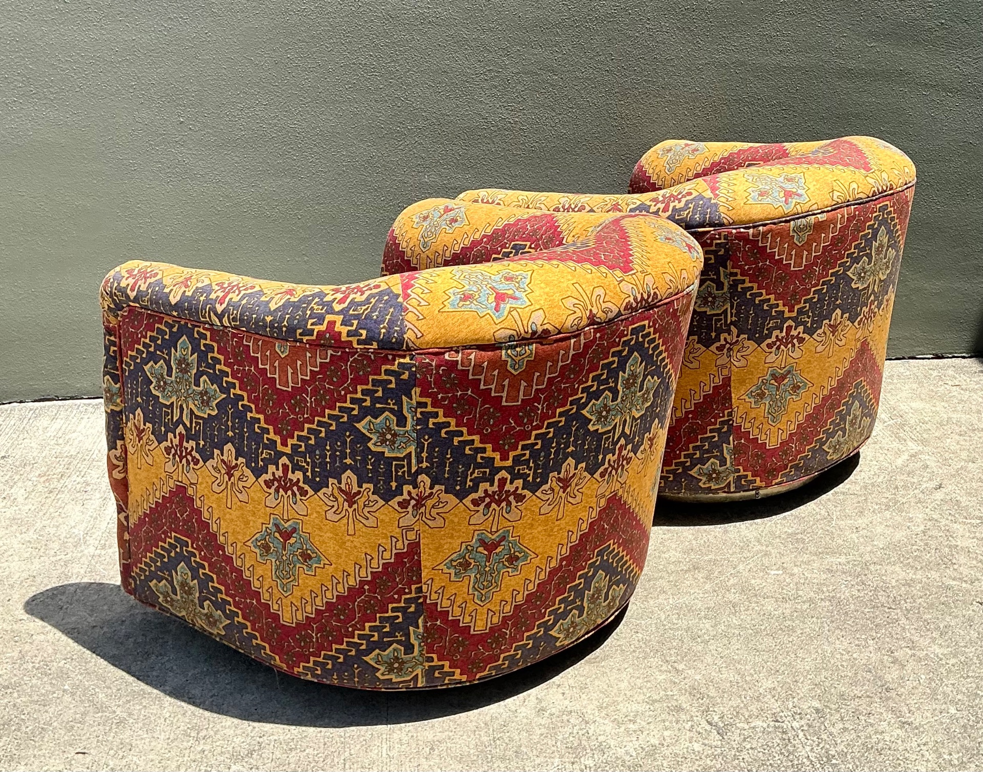 Vintage Printed Swivel Armchairs On Brass Plinths - A Pair - Back view