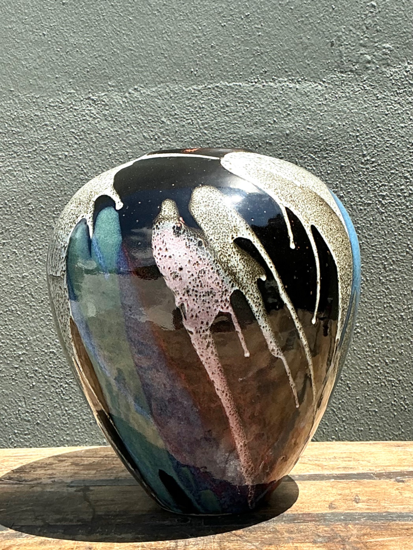Vintage Multicolor Drip Glaze Ceramic Vase - Top view