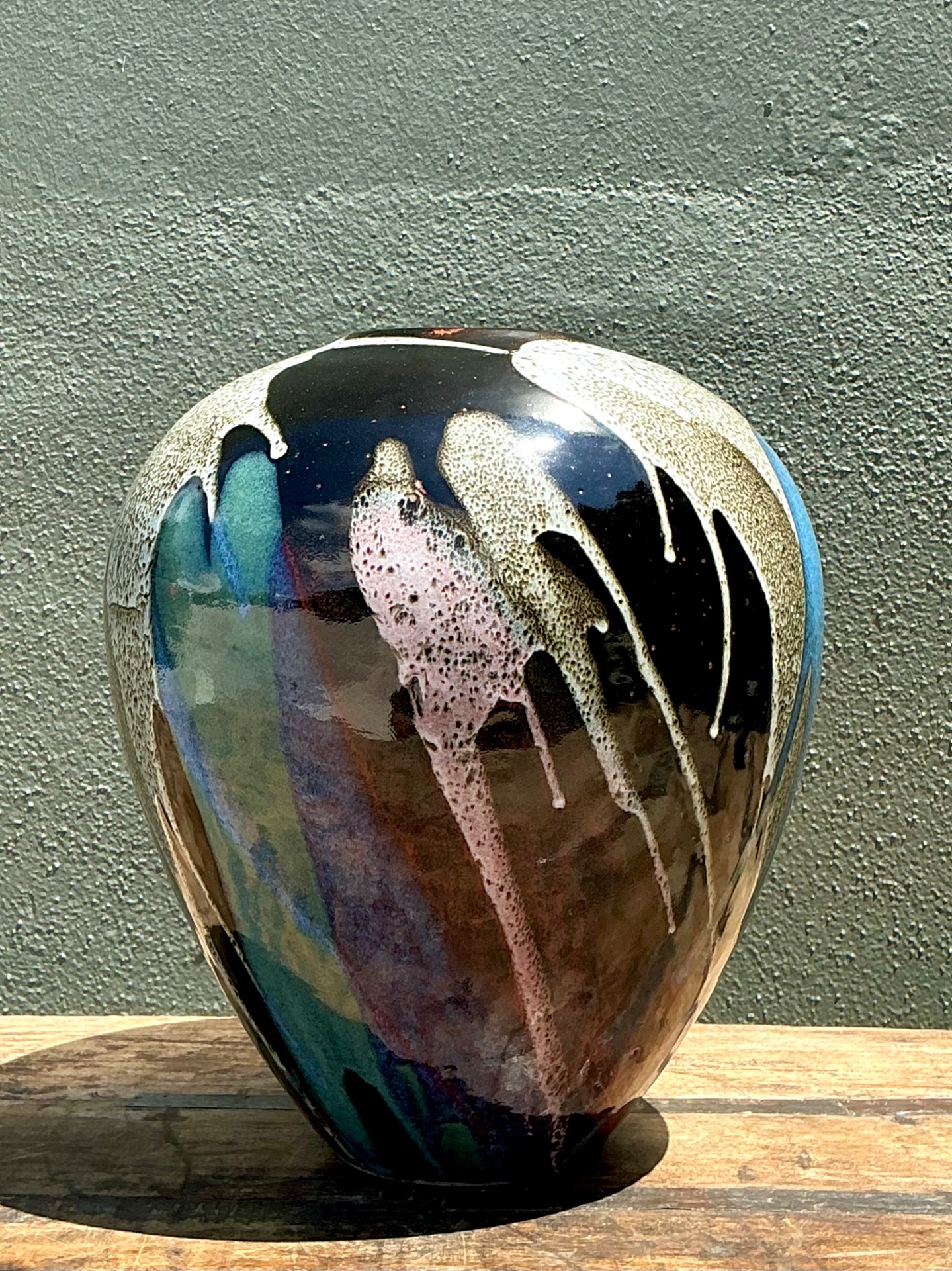 Vintage Multicolor Drip Glaze Ceramic Vase - Side view