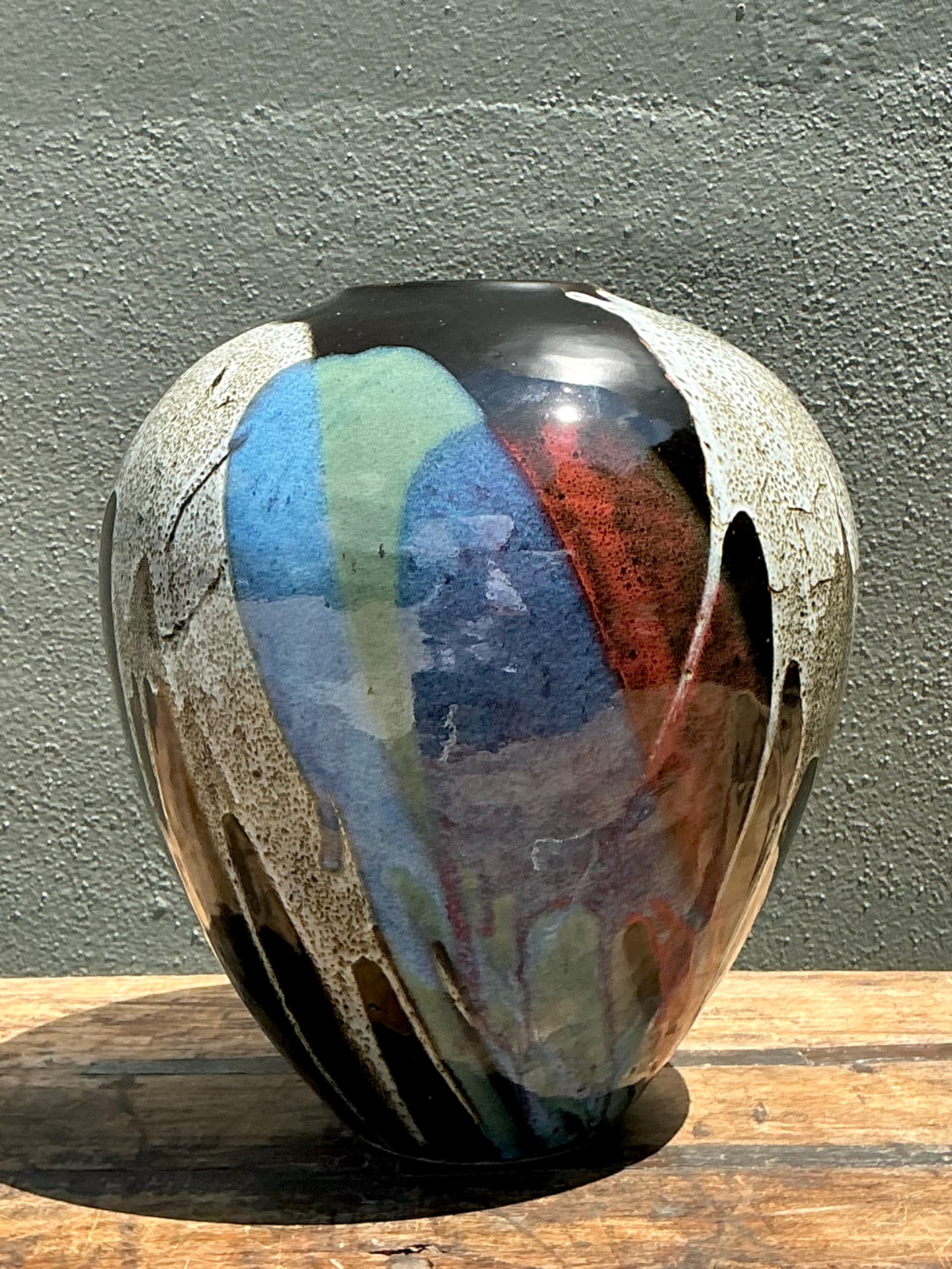 Vintage Multicolor Drip Glaze Ceramic Vase - Back view