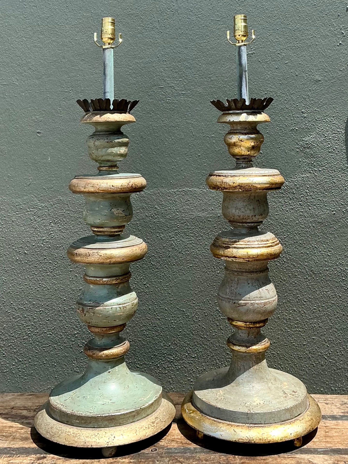 Vintage Italian Gilt Tipped Turned Wood Lamps - Pair - Side view