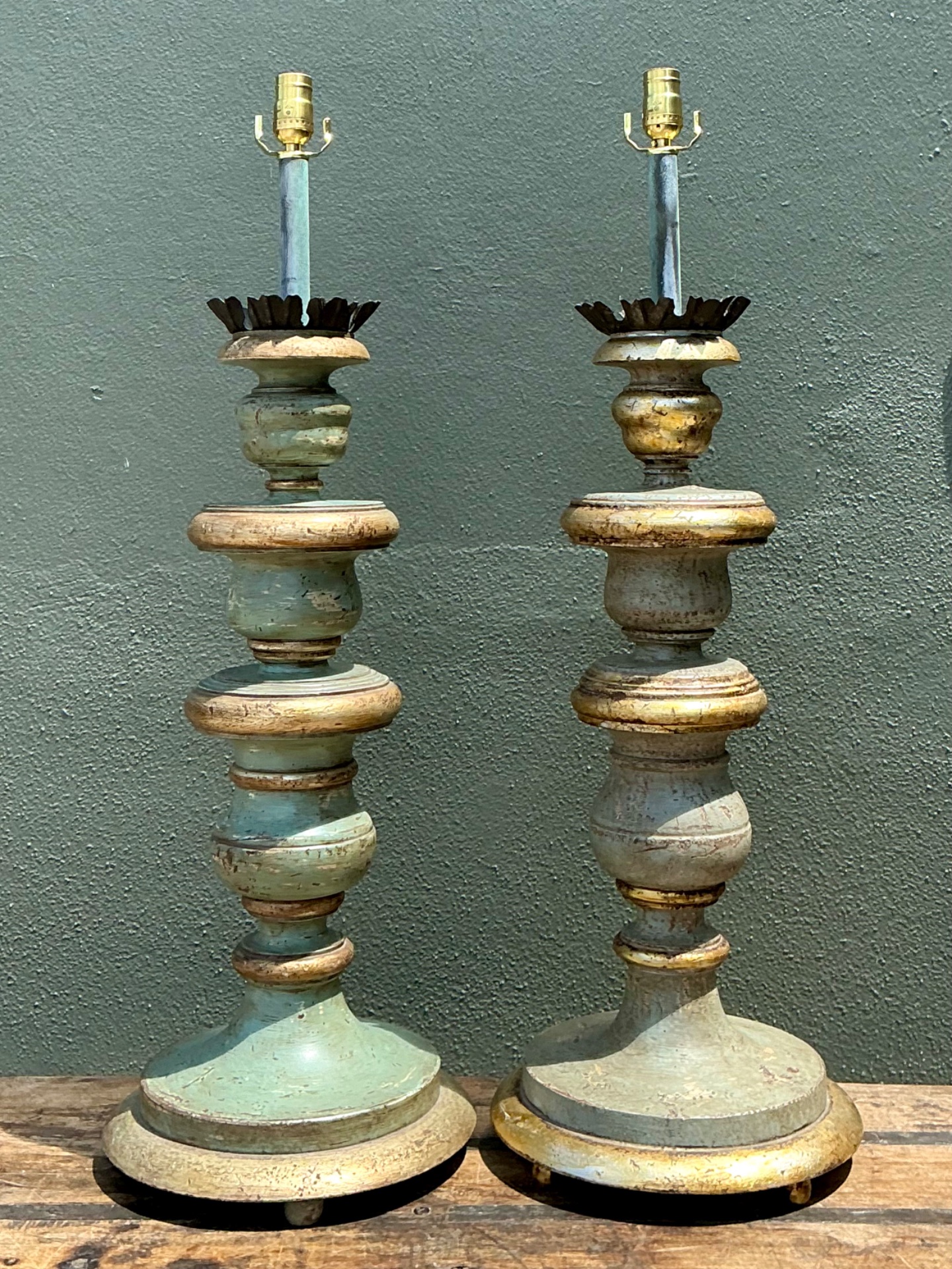Vintage Italian Gilt Tipped Turned Wood Lamps - Pair - Side view