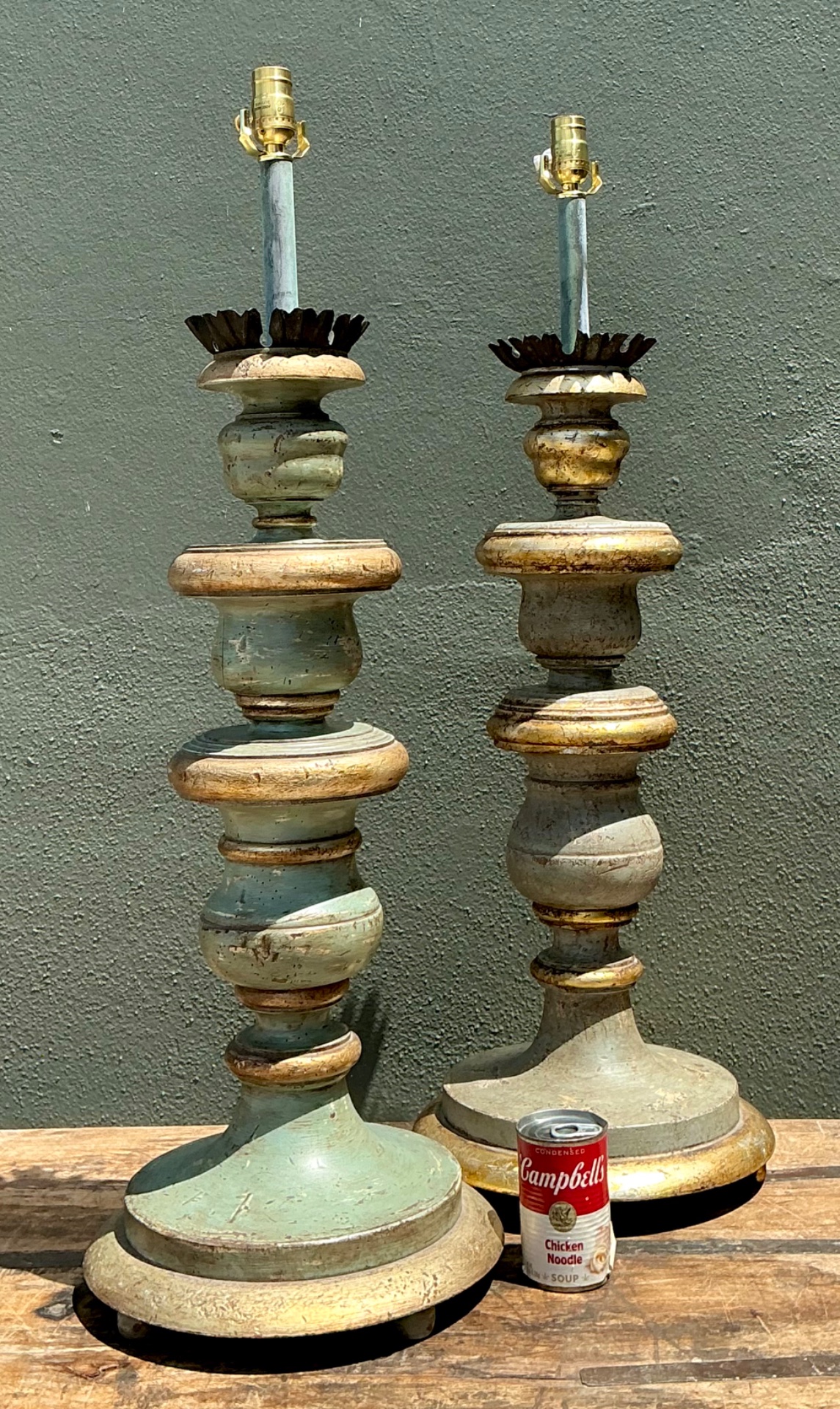 Vintage Italian Gilt Tipped Turned Wood Lamps - Pair - Back view