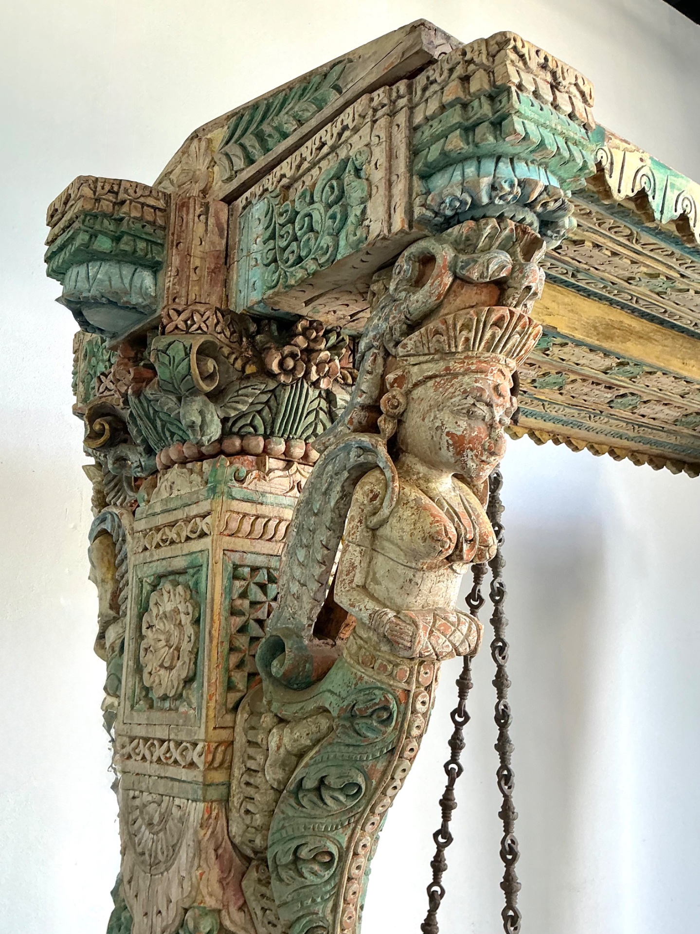 Vintage Monumental Carved Wood and Iron Swing - Side view