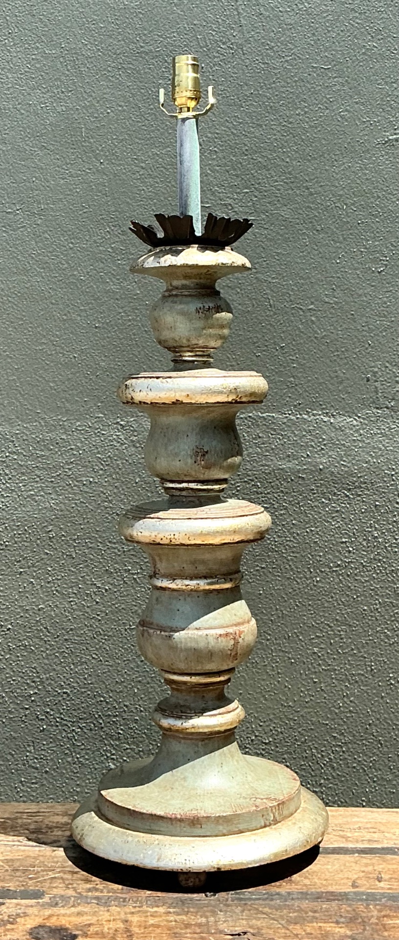 Vintage Distressed Wood Table Lamp - Side view