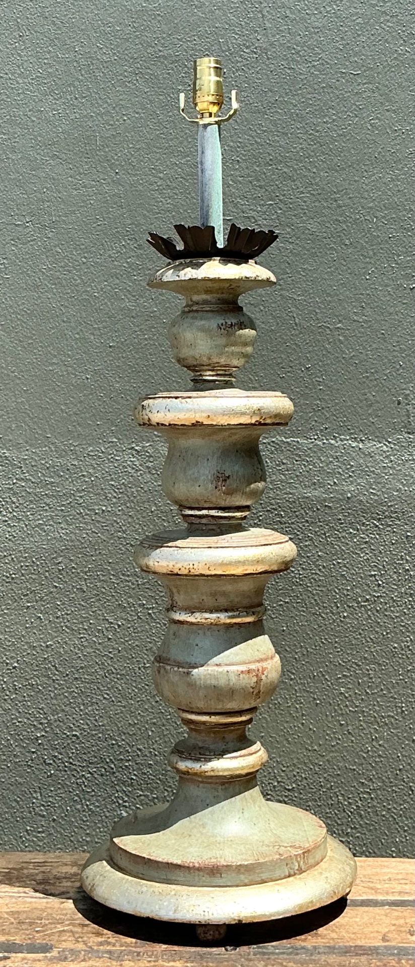 Vintage Distressed Wood Table Lamp - Top view