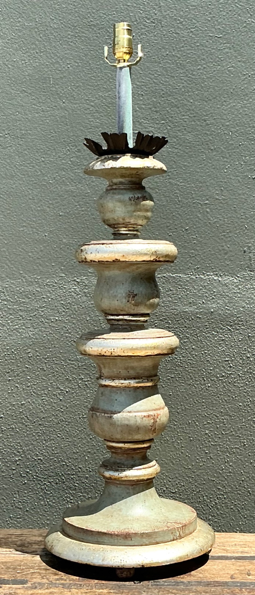 Vintage Distressed Wood Table Lamp - Top view
