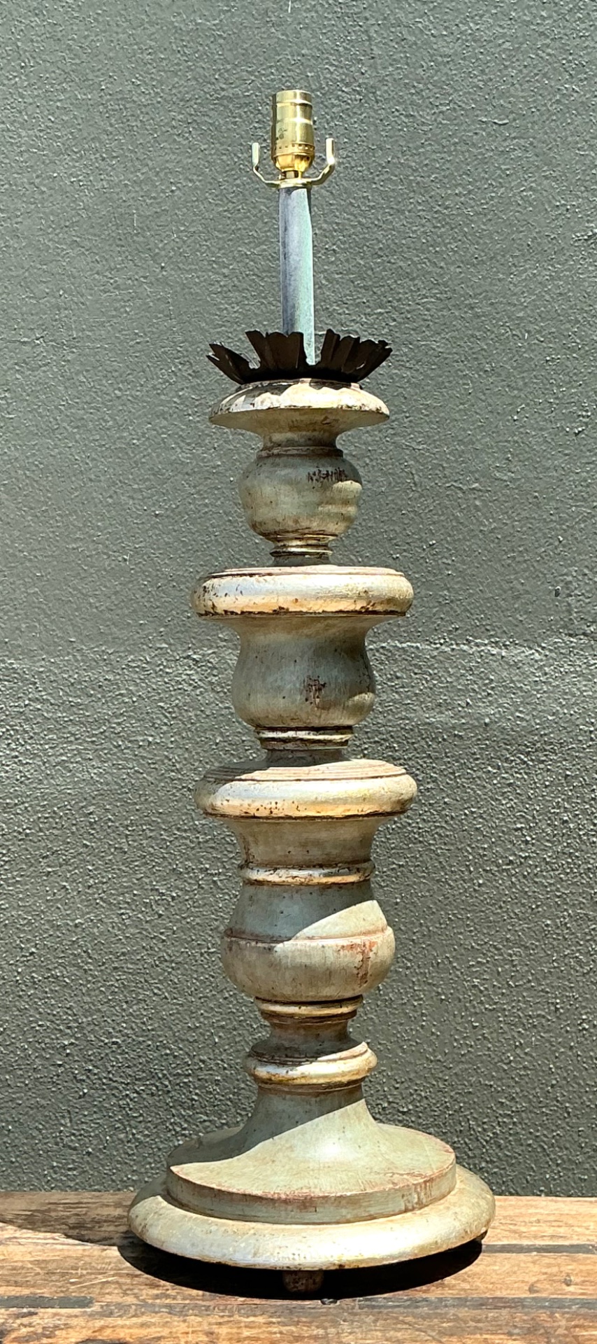 Vintage Distressed Wood Table Lamp - Detail view