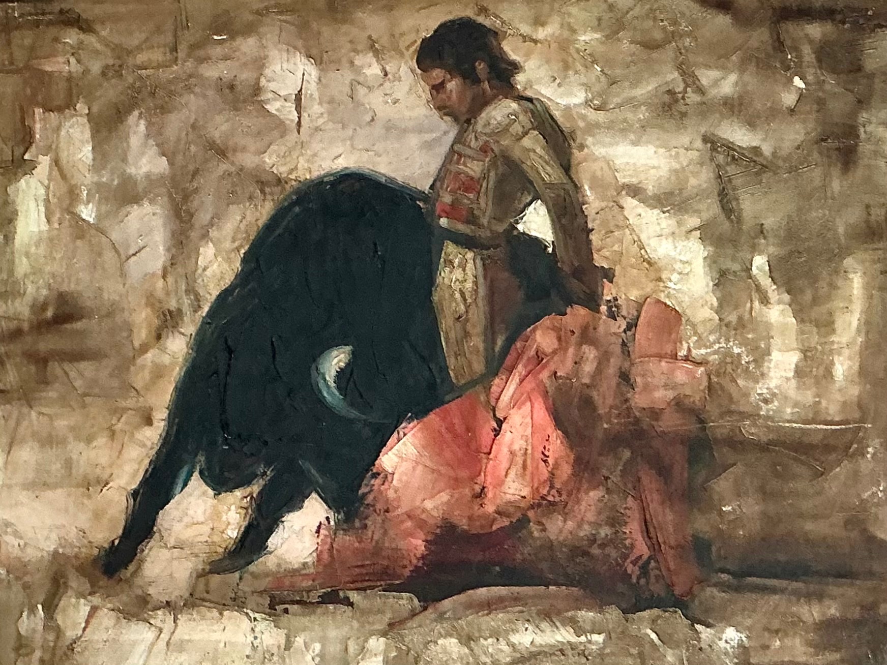 Vintage Framed Spanish Bullfighting Scene - Top view