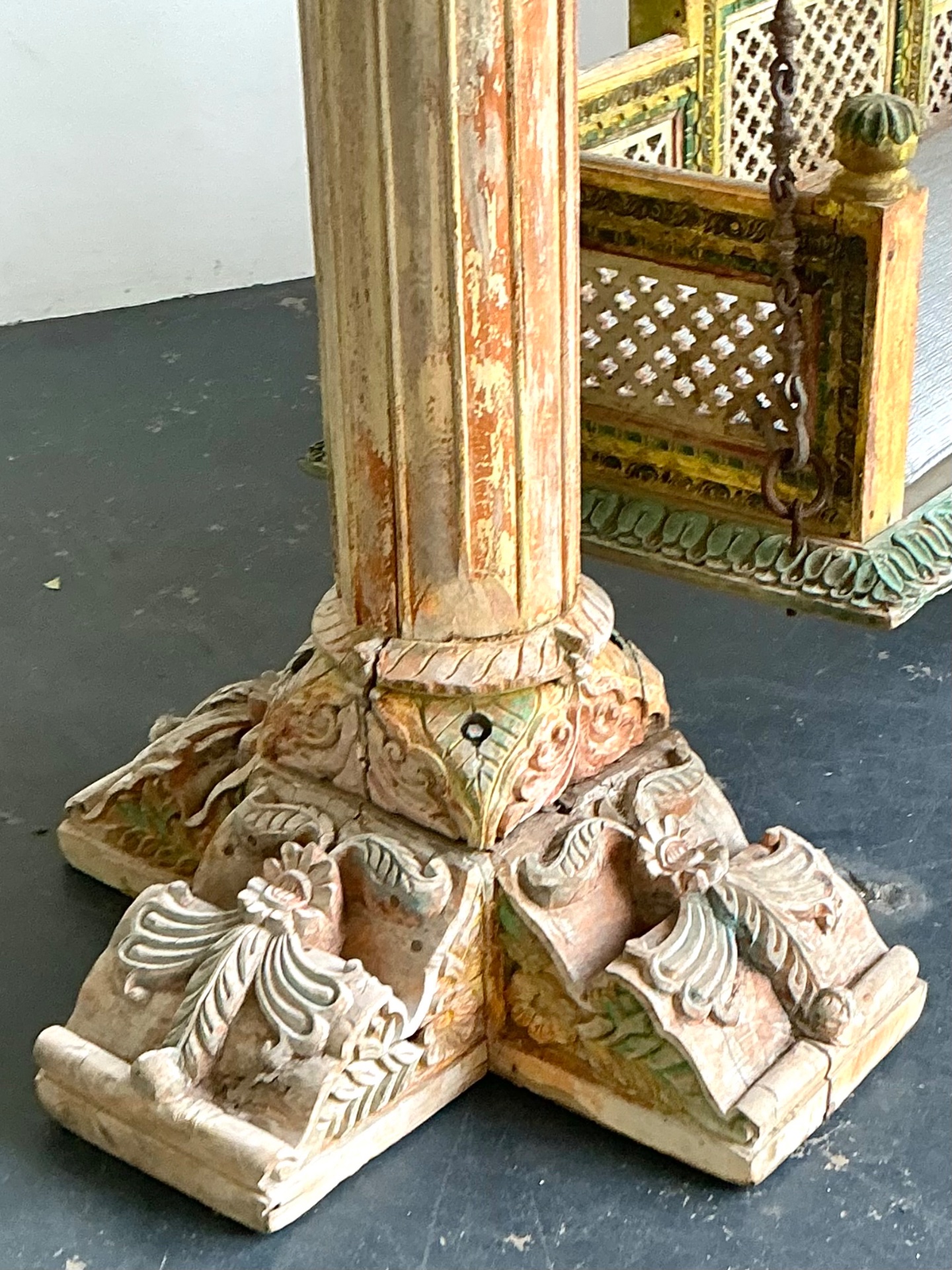 Vintage Monumental Carved Wood and Iron Swing - Detail view