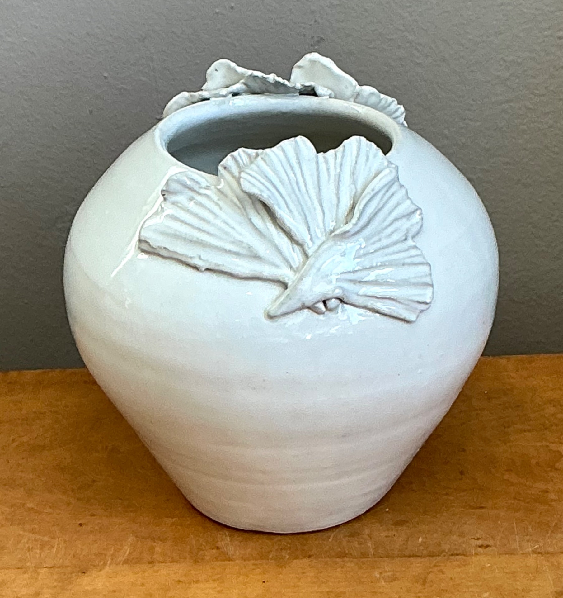 Vintage Kass O'Brien White Ceramic Vase with Ginko Leaf Motif - Top view