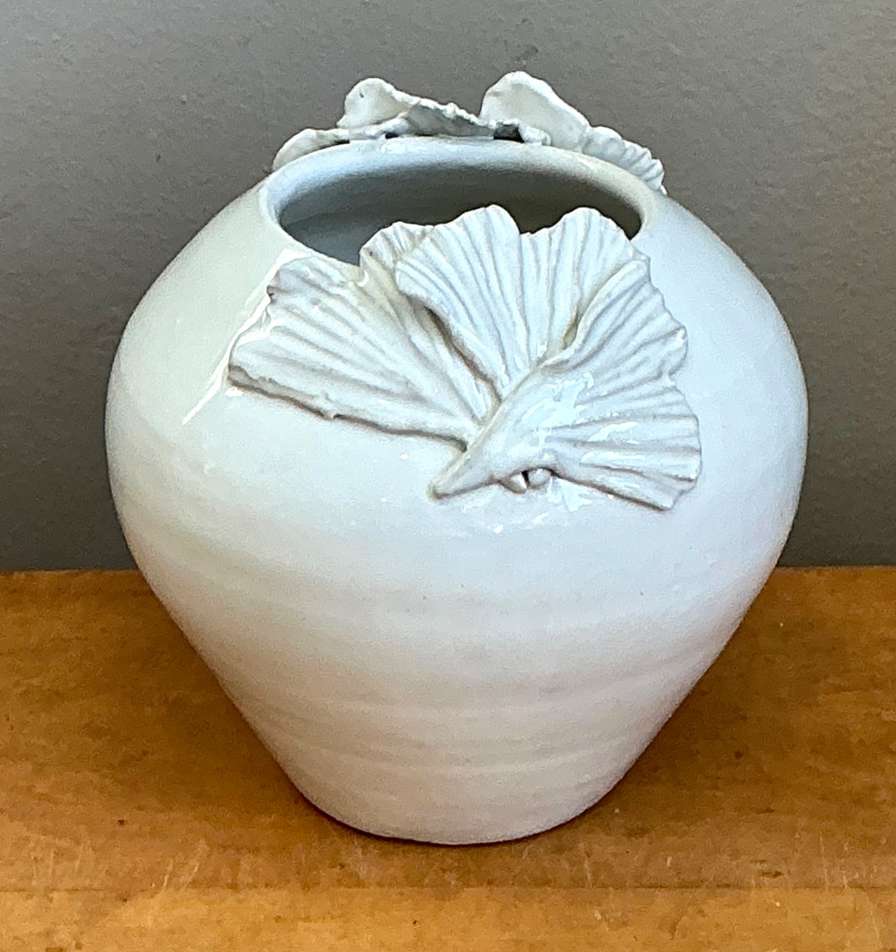 Vintage Kass O'Brien White Ceramic Vase with Ginko Leaf Motif - Side view