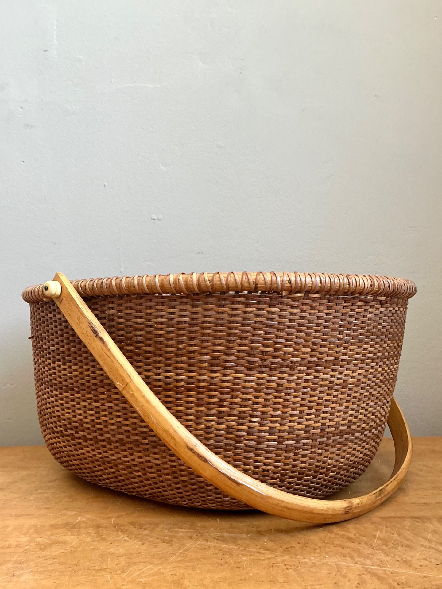Vintage Shaker Handled Woven Rattan Basket - Detail view