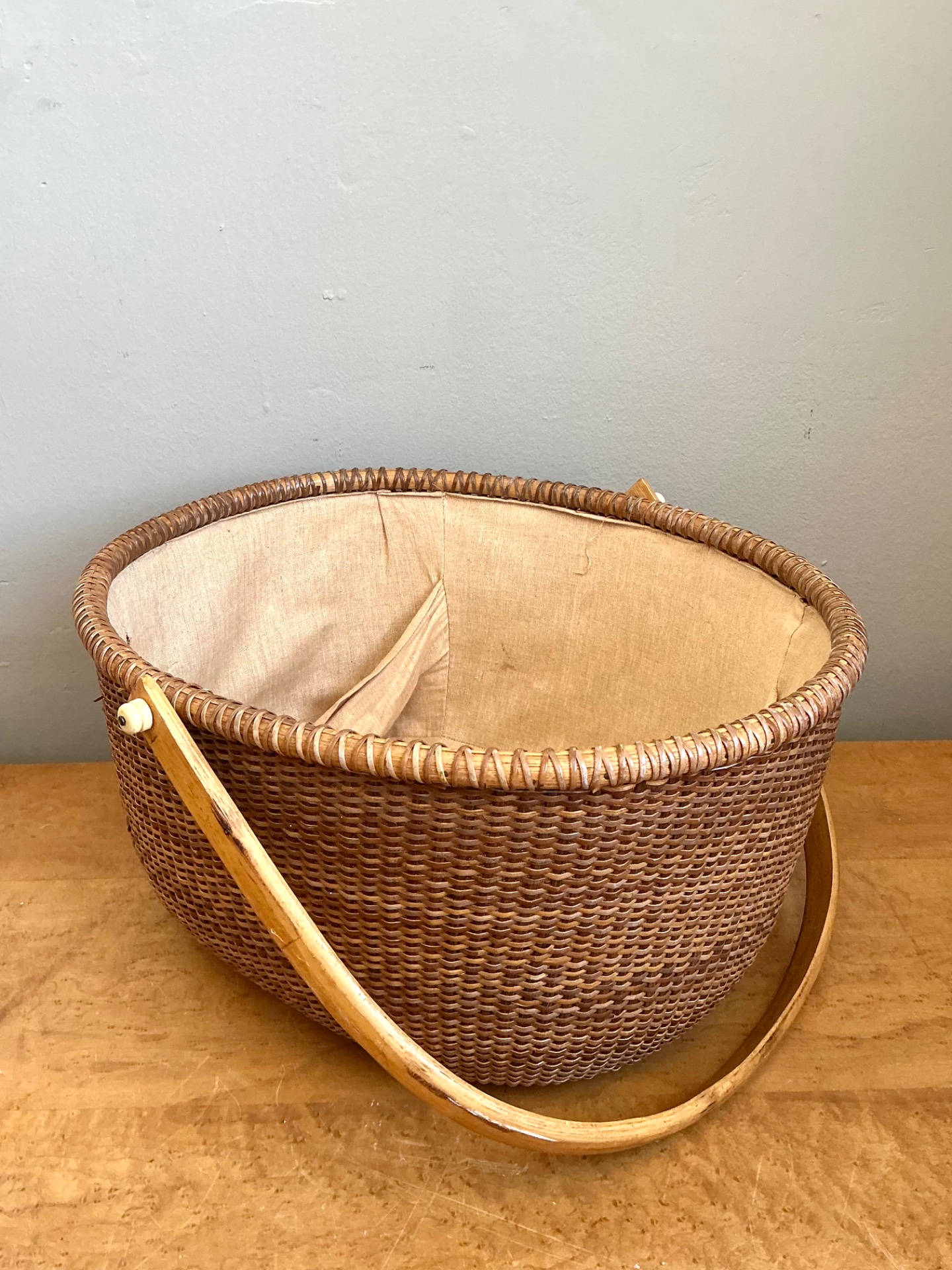 Vintage Shaker Handled Woven Rattan Basket - Back view