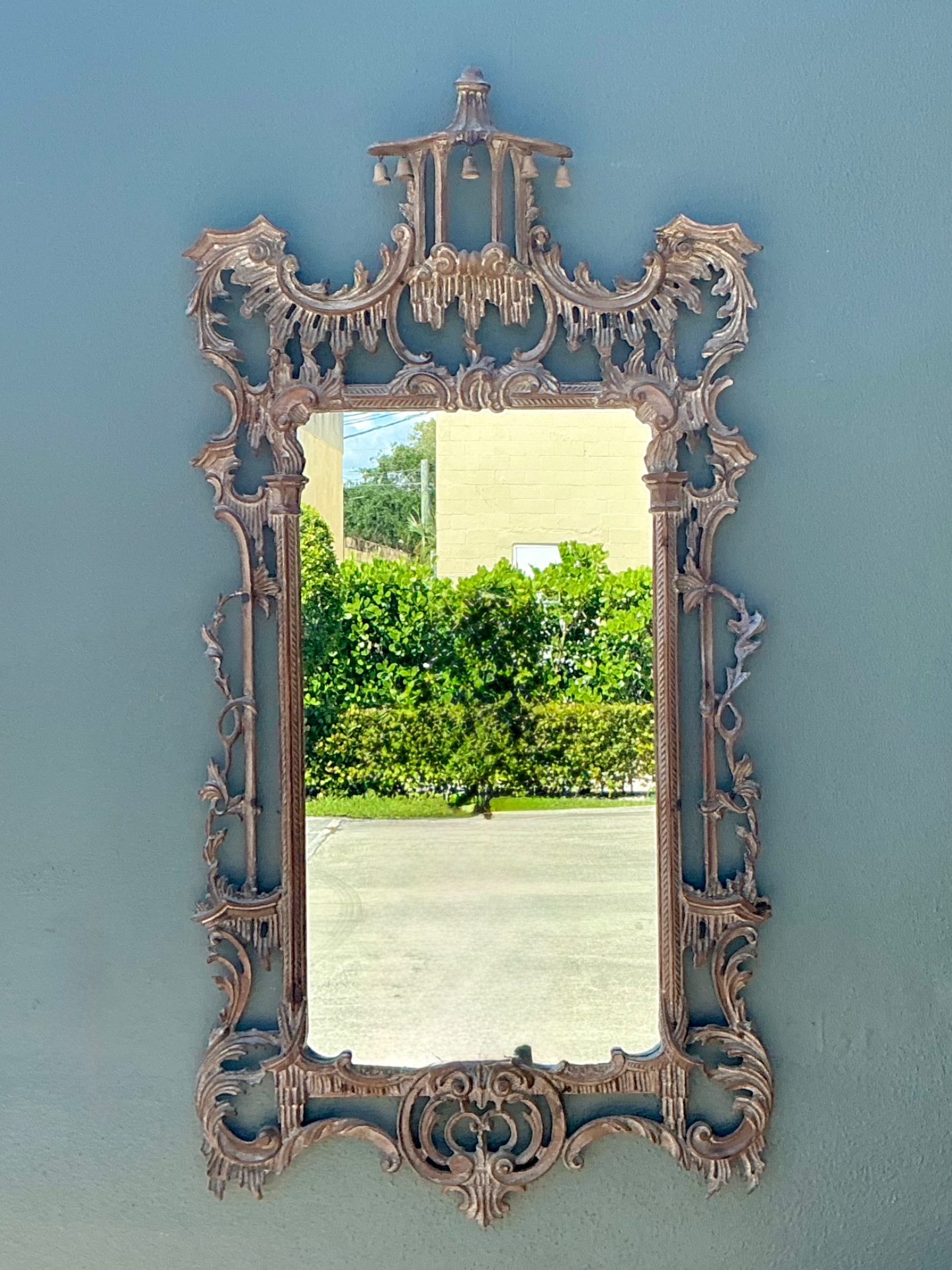 Vintage Carved Wood Pagoda Mirror - Side view