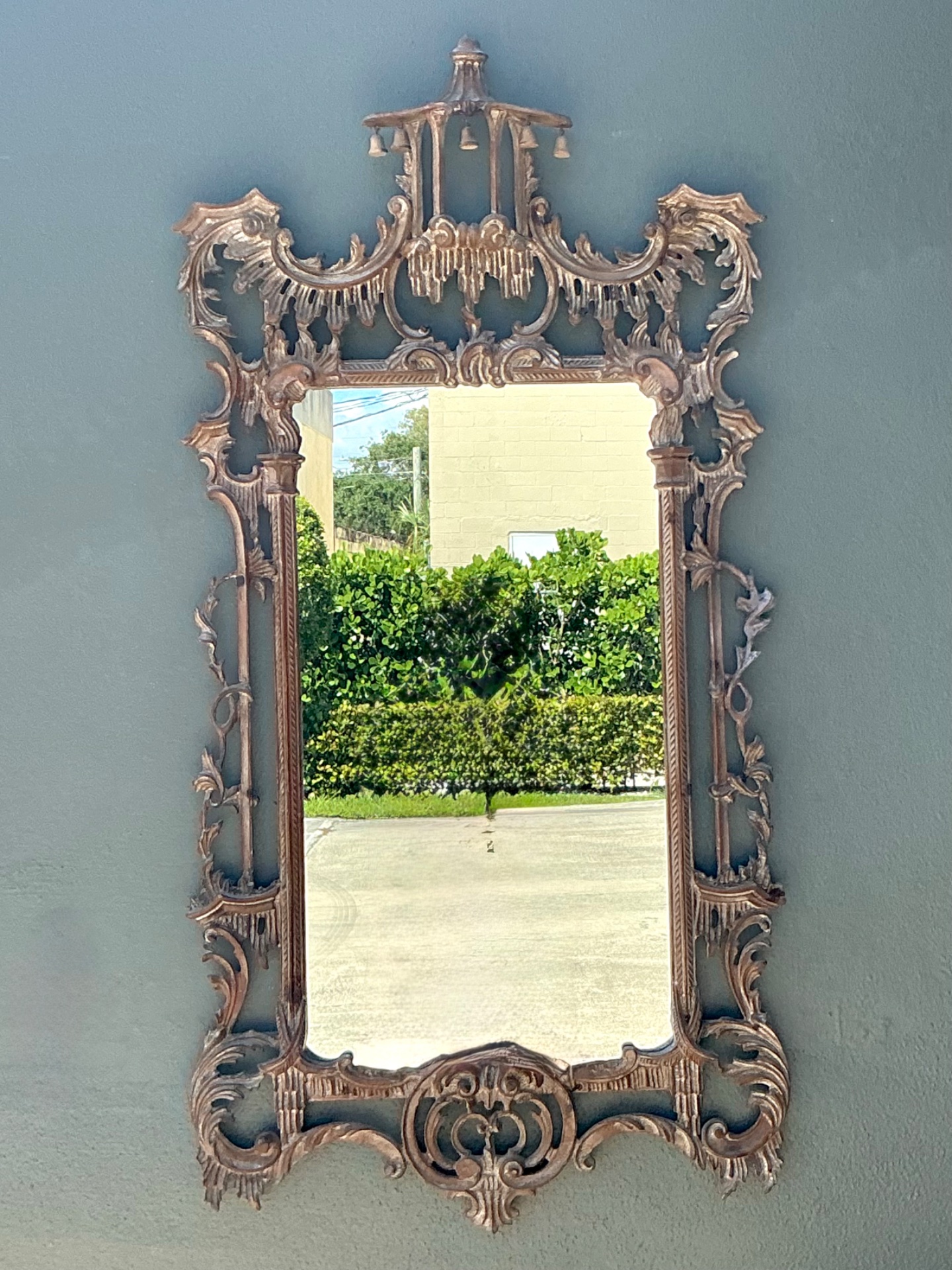 Vintage Carved Wood Pagoda Mirror - Top view