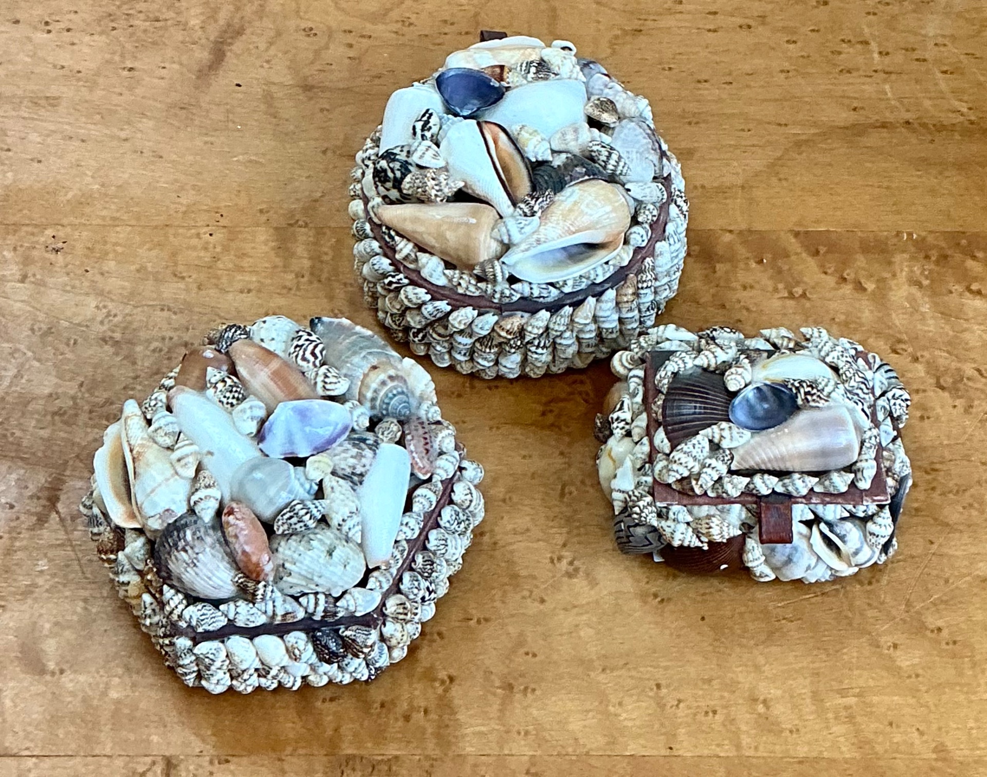 Vintage Wood and Shell Decorative Boxes - Set of 3 - Side view