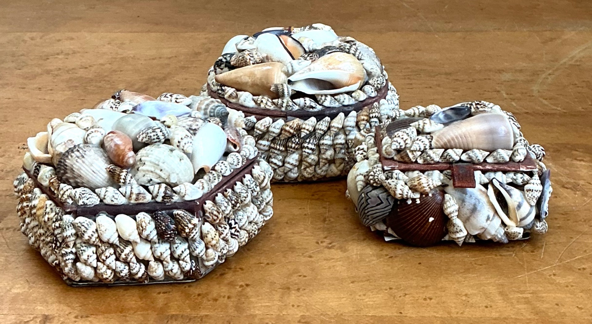 Vintage Wood and Shell Decorative Boxes - Set of 3 - Top view